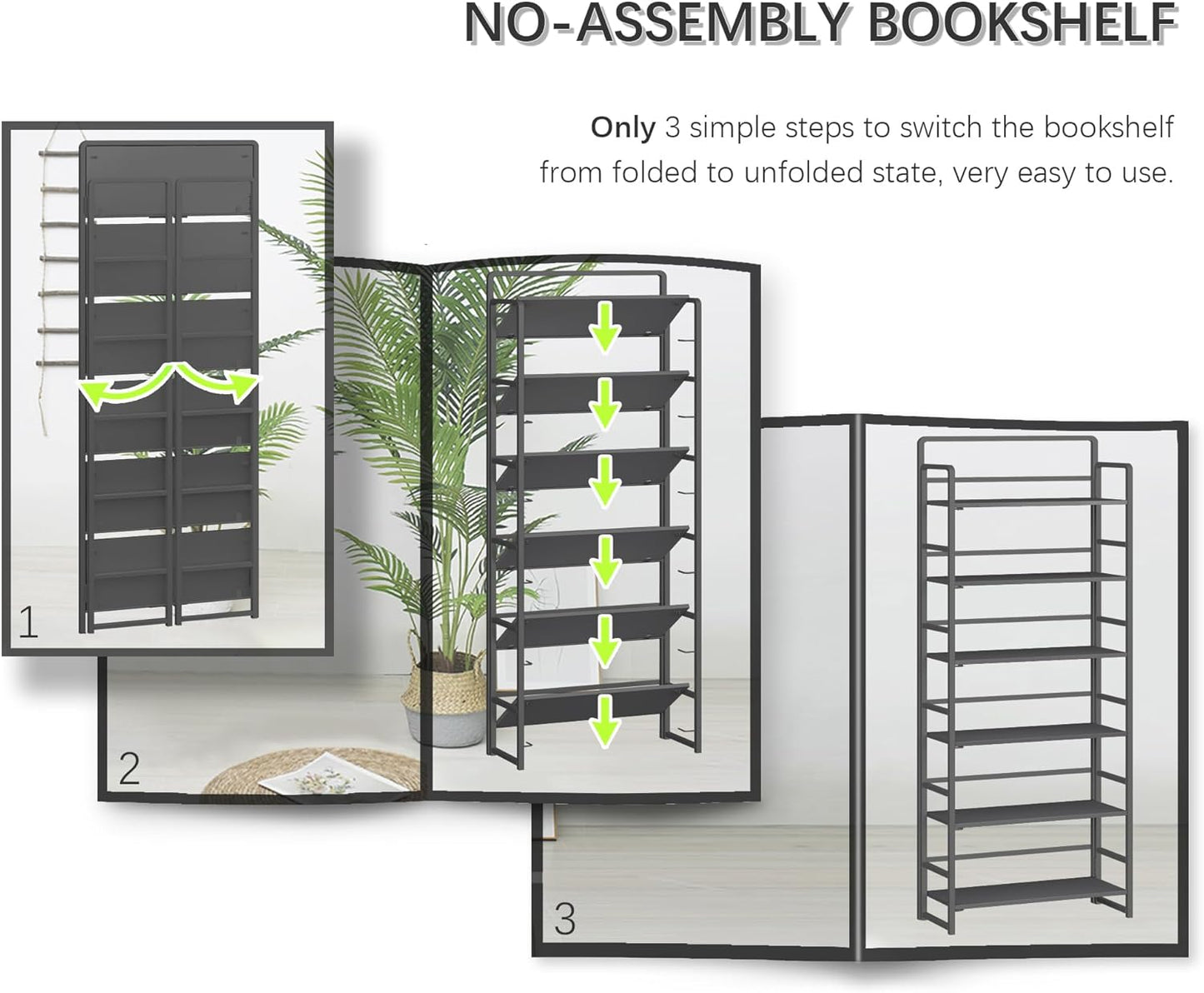 4NM No-Assembly 6 Tiers Folding Bookshelf Storage Shelves Vintage Bookcase Standing Racks Study Organizer Home Office (All Black)