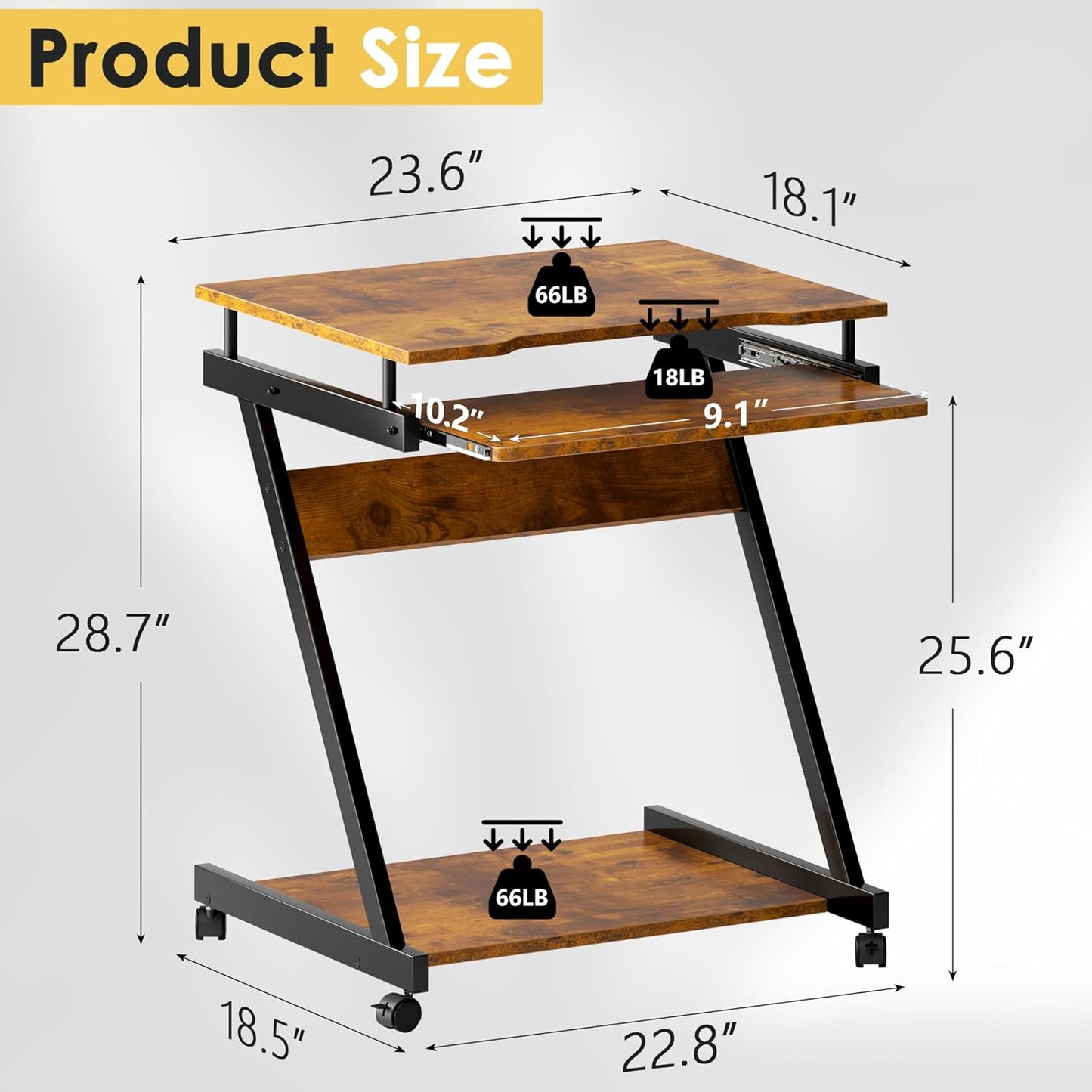 soges Small Rolling Computer Desk, Z Shape Laptop Desk Cart on Wheels, Mobile Computer Workstation for Home and Office with Keyboard Tray, Rustic Brown