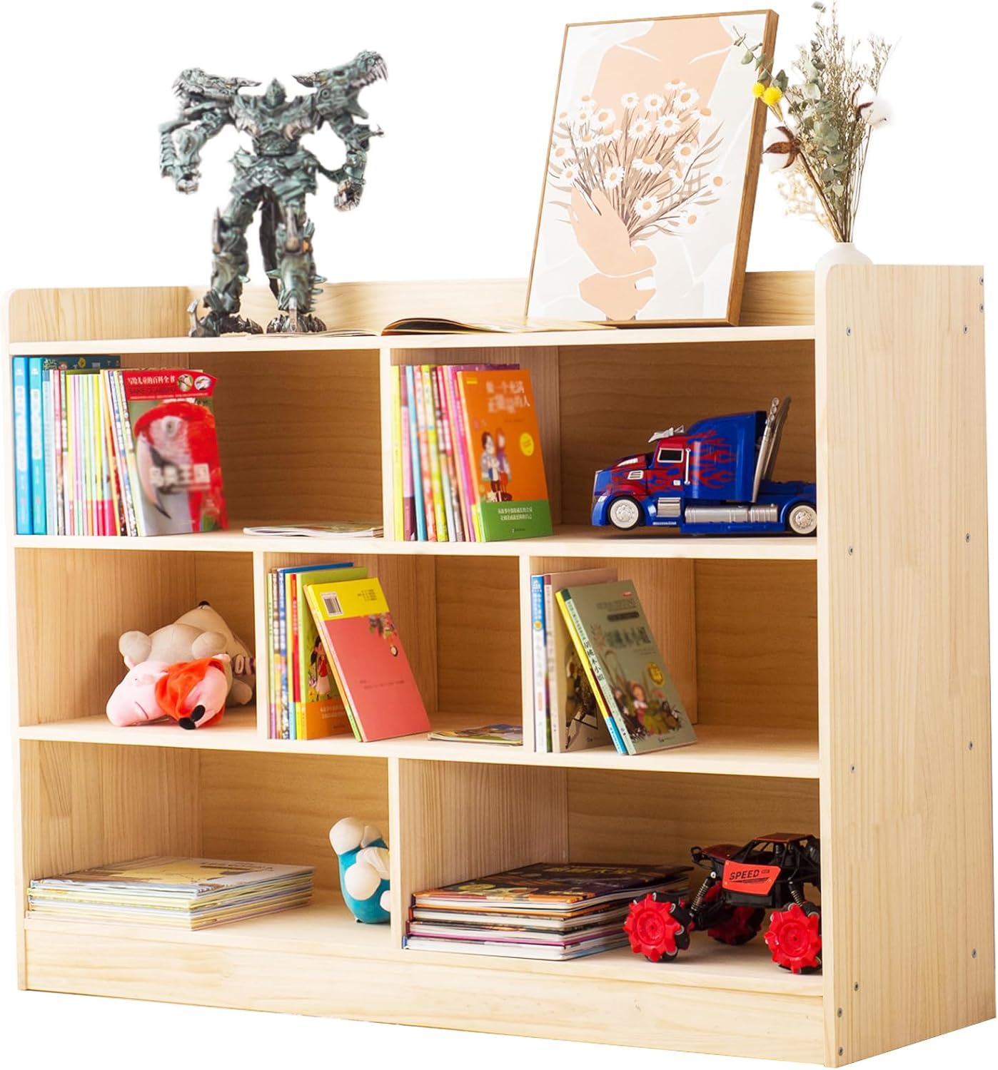 Wooden 7 Compartment Storage Cabinet Organizer Kids 3 Tier Wood Bookshelf School Storage Shelf Classroom Furniture for Kids Natural (47.24" L x 11.81" W x 35.43" H)