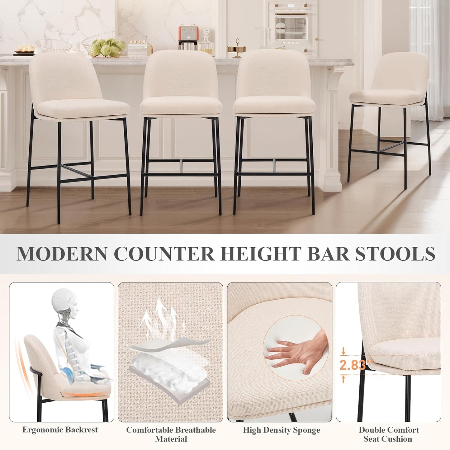 COLAMY Counter Height Bar Stools Set of 2, 25 Inch Modern Fabric Kitchen Island Stools with Back, Upholstered Counter Barstools Armless Bar Chairs with Metal Legs for Island Dining Room Bar, Beige