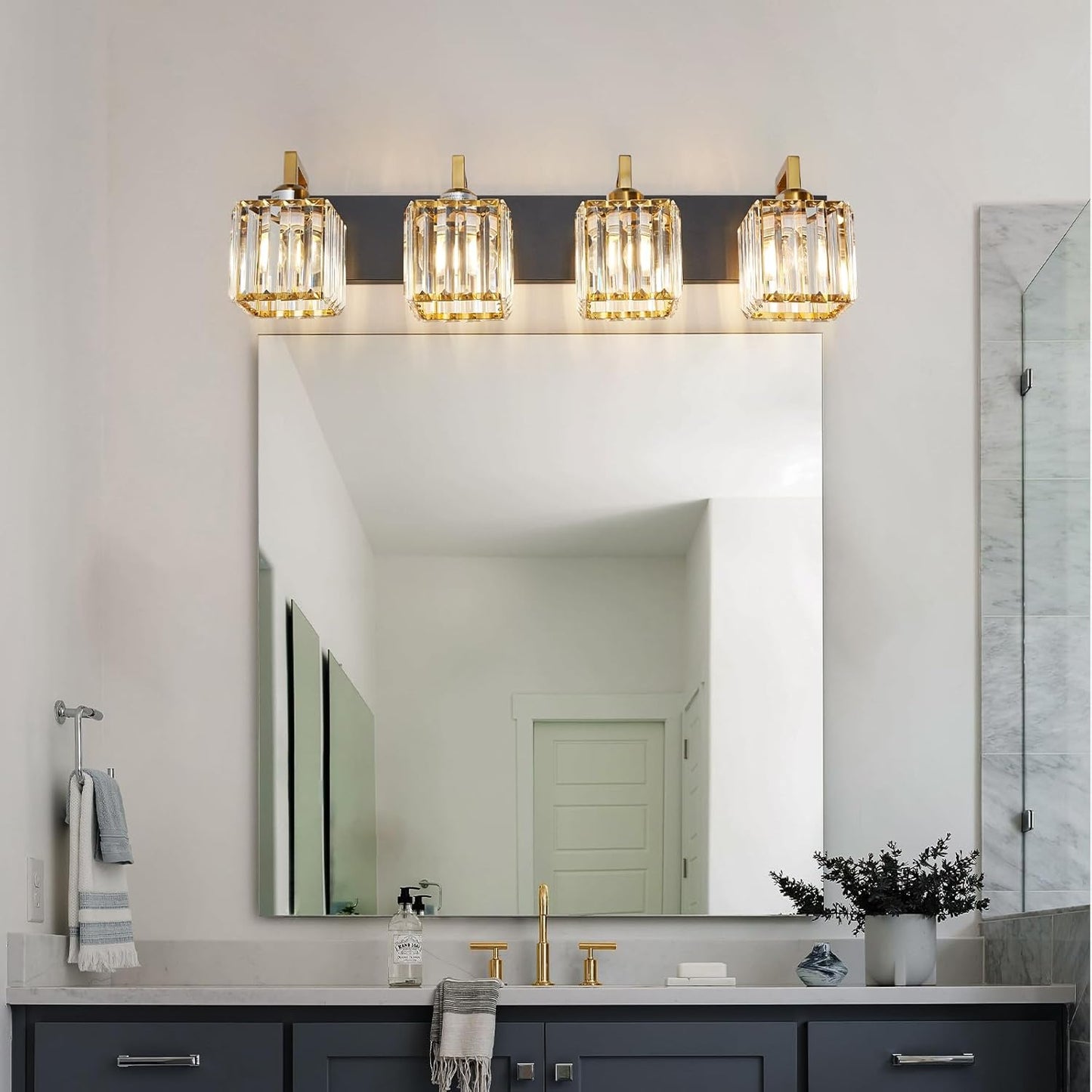 Modern Bathroom Vanity Light 4-Lights Black Gold Crystal Wall Lamp Bathroom Modern Crystal Vanity Lighting