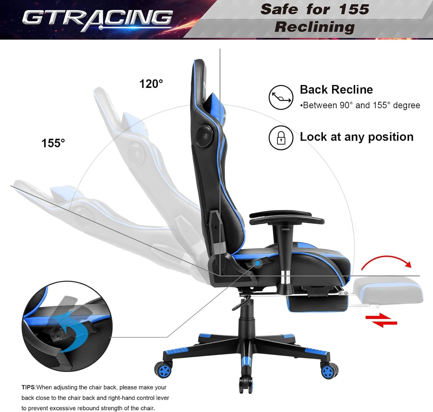 GTRACING Gaming Chair with Footrest and Bluetooth Speakers Music Video Game Chair Heavy Duty Ergonomic Computer Office Desk Chair (Blue)