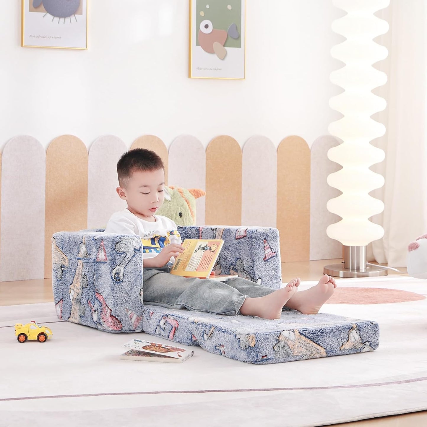 Tiita Kids Chair Couch, Folding Toddler Comfy Sofa Chairs, 2-in-1 Kids Plush Sofa Fold Out, Baby Armrest Chair to Lounger, Convertible Play Sofas to Bed for Girl or Boy, Vehicles