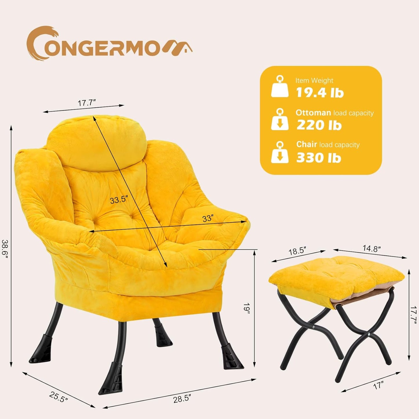 Lazy Chair with Folding Ottoman,Leisure Sofa Chair,Soft Fabric Armchair with Armrests and Side Pockets, Reading Chair with Footrest for Living Room, Bedroom, Office (Plush Yellow)