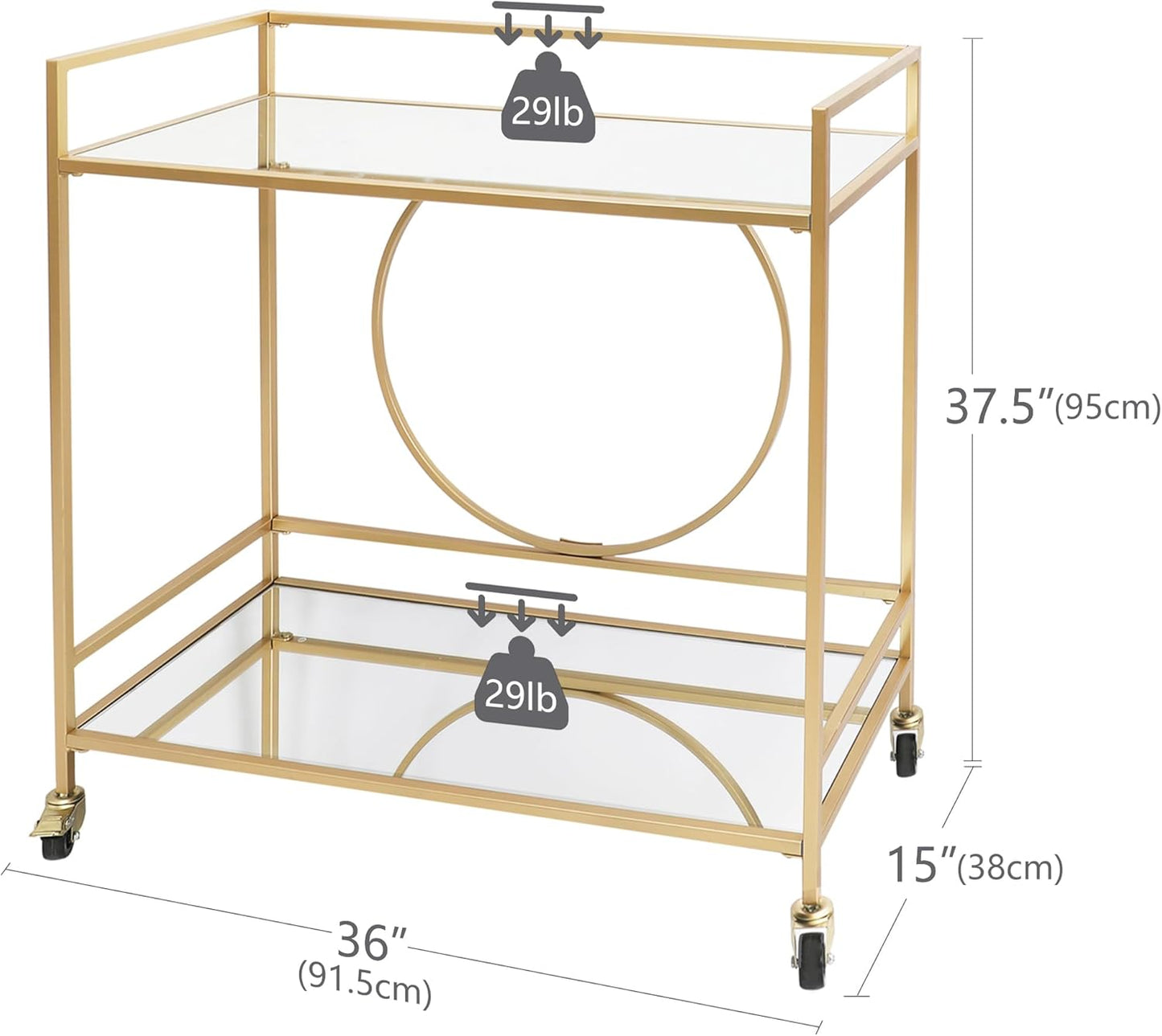 RiteSune Gold Bar Cart, Modern Wine Cart with Wheels, Home Bar Serving Carts with 2 Tier Mirrored Shelves, Wine Bar Carts for The Home, Dining Room, Kitchen