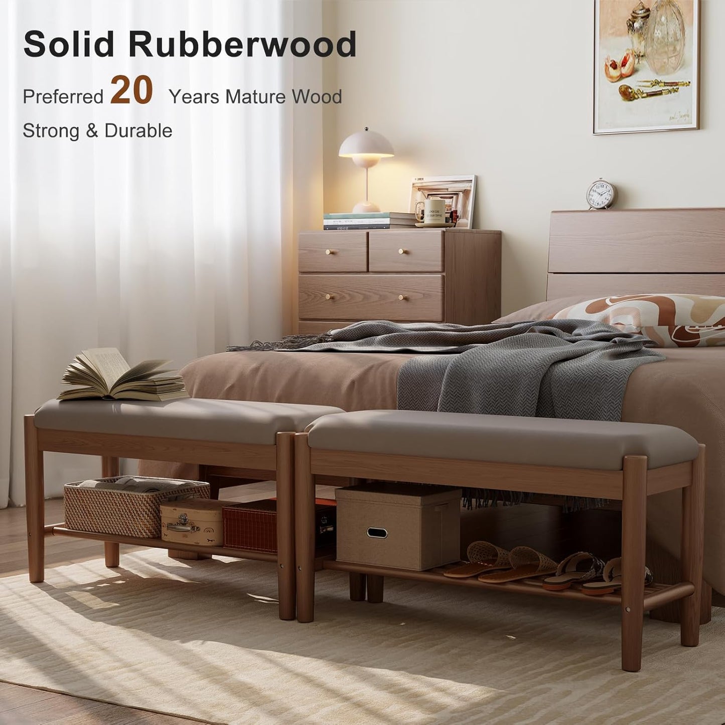 Shoe Bench Entryway with Cushion, Solid Wood Bench with Shoe Storage, 2-Tier Shoe Rack Bench for Entryway,Hallway (Gray)