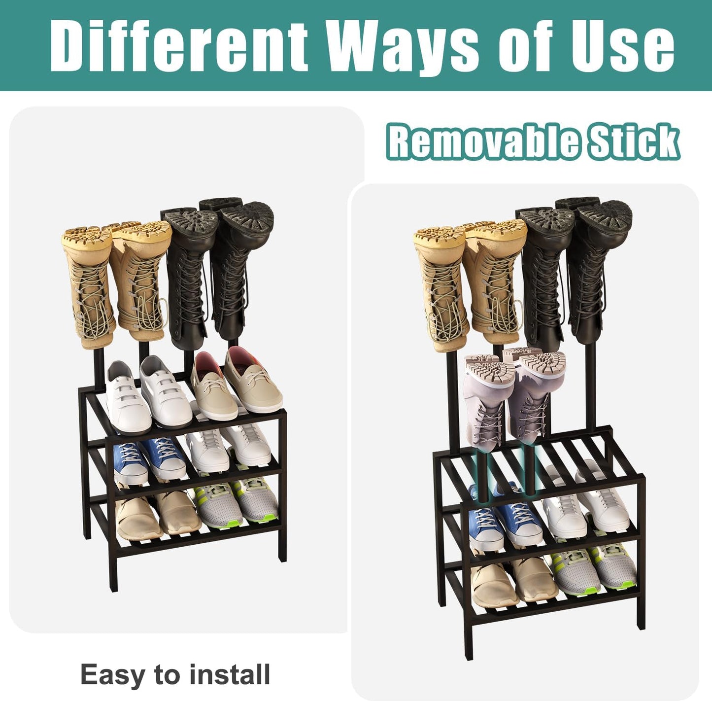 Black Boot Rack, Small Boot Rack Organizer Tall Boots with Shoe Rack for Closet, Bamboo Wood Shoe Shelf Storage Organizer for Entryway Small Space