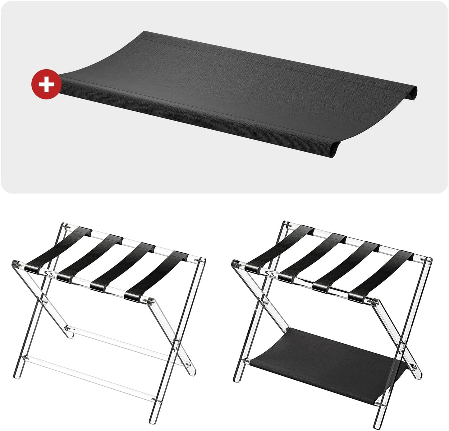 Sumerflos Acrylic Luggage Rack for Guest Room - Foldable Suitcase Stand with Leather Straps for Bedroom Living Room Hotel Heavy-Duty, Holds up to 50-100 lb lightweight Space Saving (Black & Shelf - 1 Pcs)