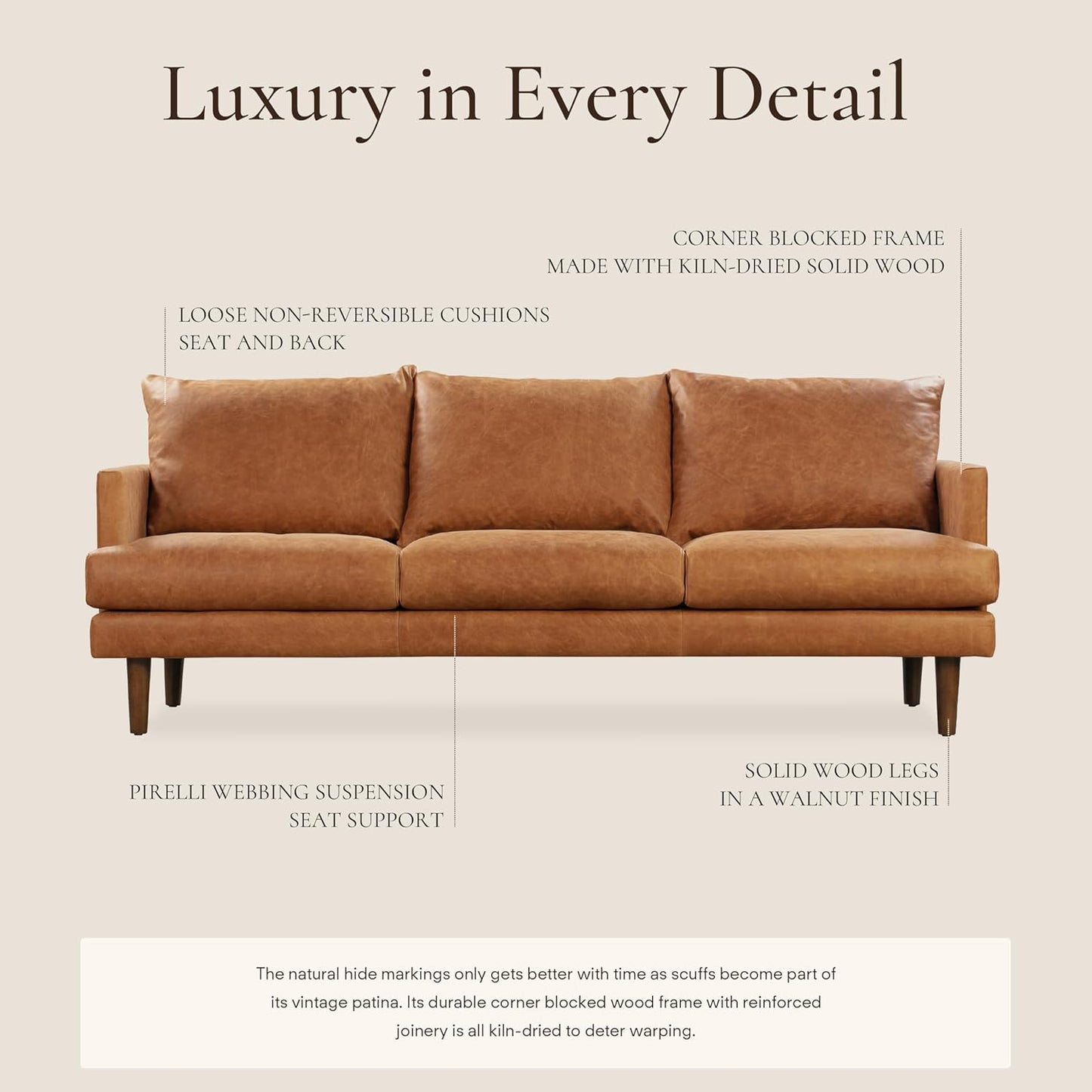Poly & Bark Girona Leather Couch - 88 Inch Sofa with Tufted Back - Sofa for Living Room with Feather-Down Topper - Living Room Couch - Full-Grain Vintage Italian Leather in Cognac Tan