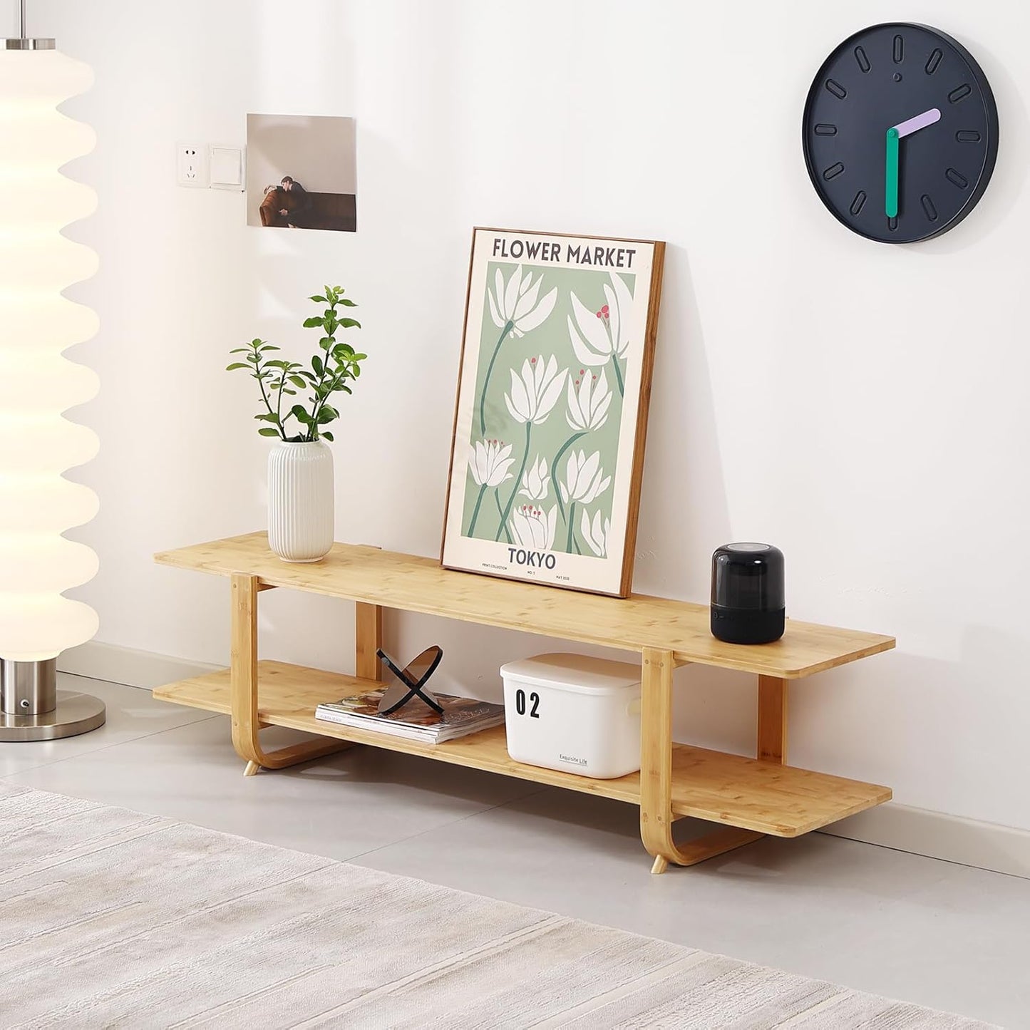 Tiita Bamboo TV Stand for 55 Inch TV, Entertainment Center with 2 Open Shelf, Mid Century Modern Media Console for Living Room, Bedroom, Wood