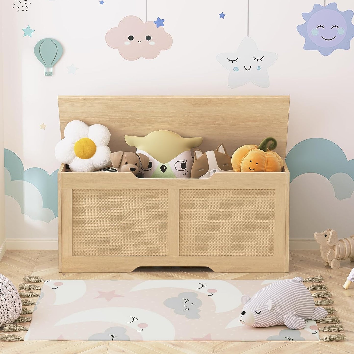 HOOBRO Storage Bench, 43.3" Toy Box, Rattan-Like Storage Chest, Sturdy Entryway Bench Supports 220 lb, Toy Chest, Safety Hinge, U-Shaped Opening, Easy Assembly, Natural NL22CW01