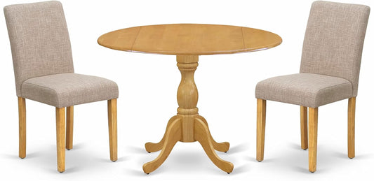 East West Furniture DMAB3-OAK-04 3 Piece Kitchen Table Set Contains a Round Dining Room Table with Dropleaf and 2 Light Tan Linen Fabric Parsons Dining Chairs, 42x42 Inch, Oak