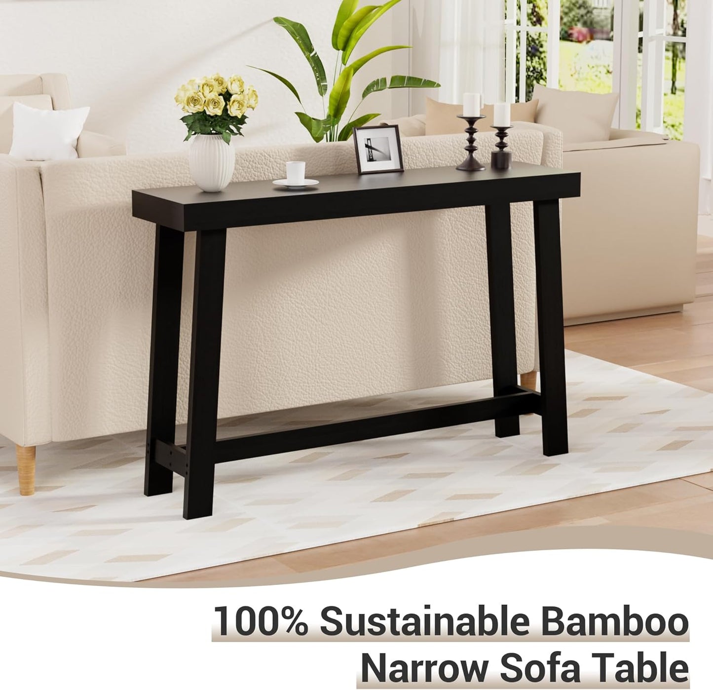 Bamboo Wood Entryway Table 47.2" Console Table, Narrow Sofa Table with Support Beam for Entrance, Hallway, Living Room, Bedroom, Foyer(Black)