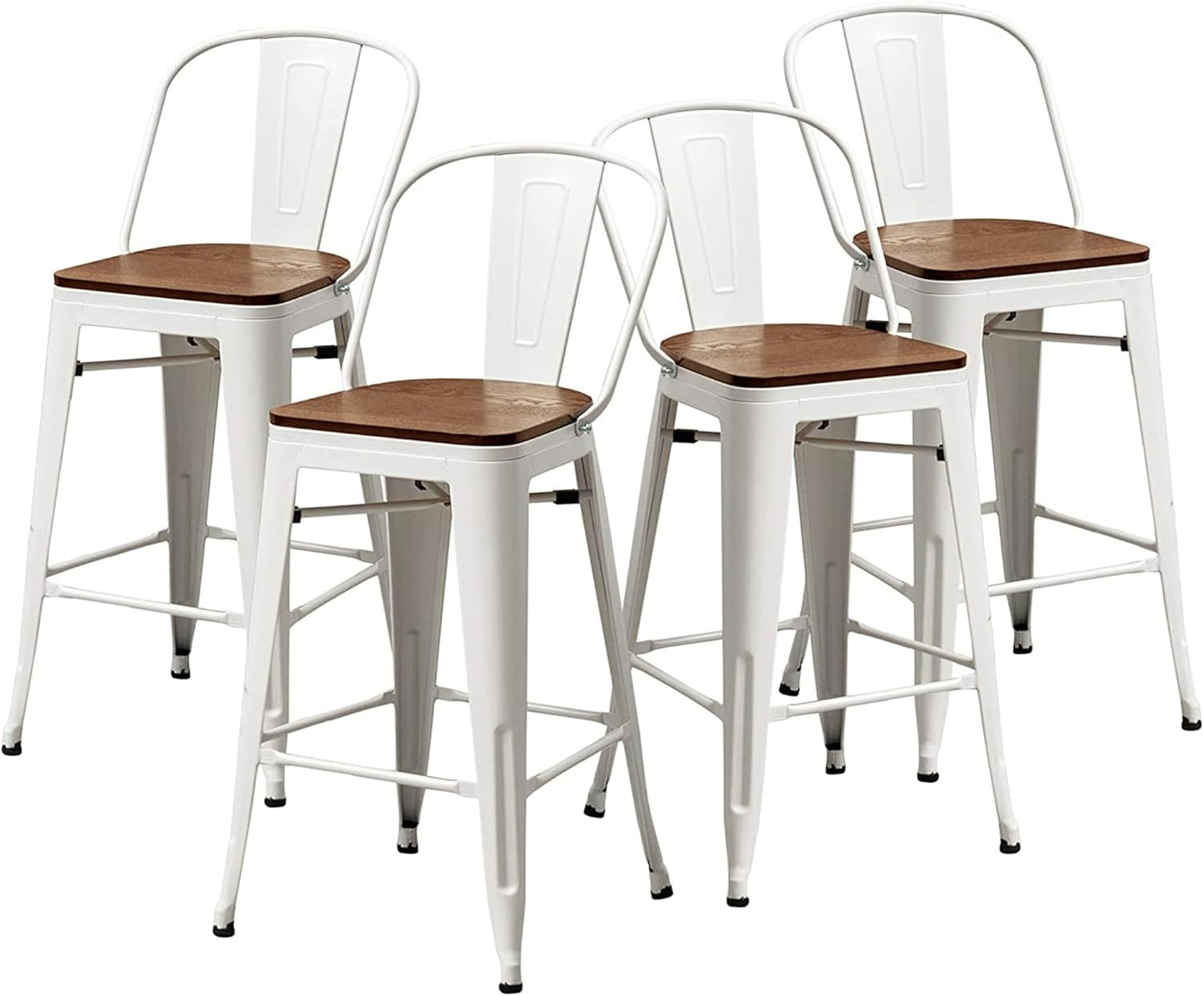 Changjie Furniture 24 Inches Metal Barstools Set of 4 Counter Height Bar Stools Industrial Stools with Backs High Back Chairs for Kitchen Island (24 Inch, White)