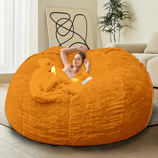 Bean Bag Chairs for Kids Comfy Fluffy Big Joe Bean Bag Chair Cover Without Filler Round Sofa Chairs for Bedroom Living Room Decor, 5FT, Orange