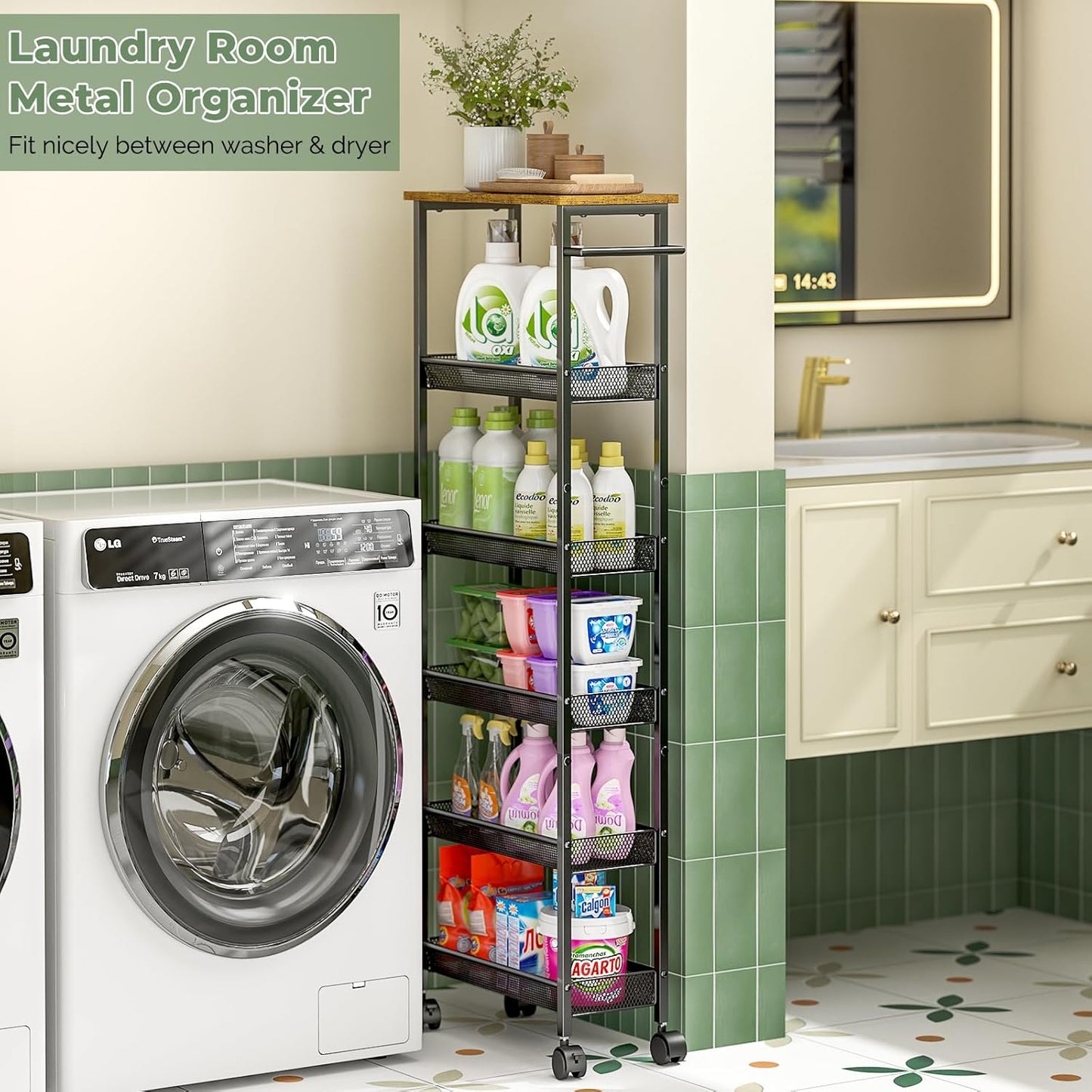 6 Tier Slim Storage Cart with Handle, Rolling Kitchen Laundry Room Storage Cart with Wooden Top, Narrow Metal Bathroom Trolley on Wheels for Small Space, Mobile Shelving Unit, 7.9in(W)