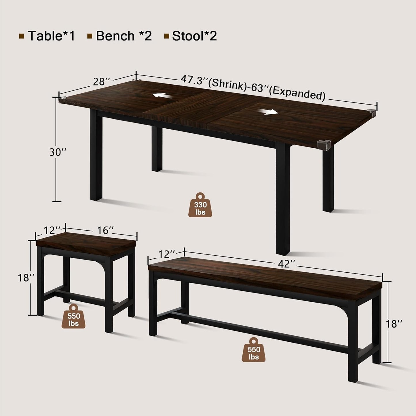 5 Pieces Dining Room Table Set for 4-6, 63' Extendable Kitchen Table Set with 2 Benches & 2 Stools, Small Dining Table Set with Metal Frame & MDF Board, Espresso