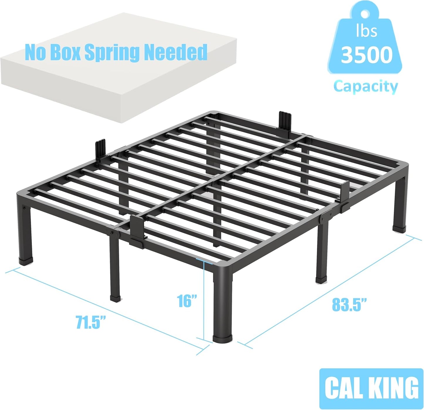 FUIOBYVV California King Bed Frame with Round Corner Edge Legs 16 inch High 3500 lbs Heavy Duty Metal Platform Bed Frame King Size No Box Spring Needed/Noise Free/Steel Slat Support/Non-Slip Black