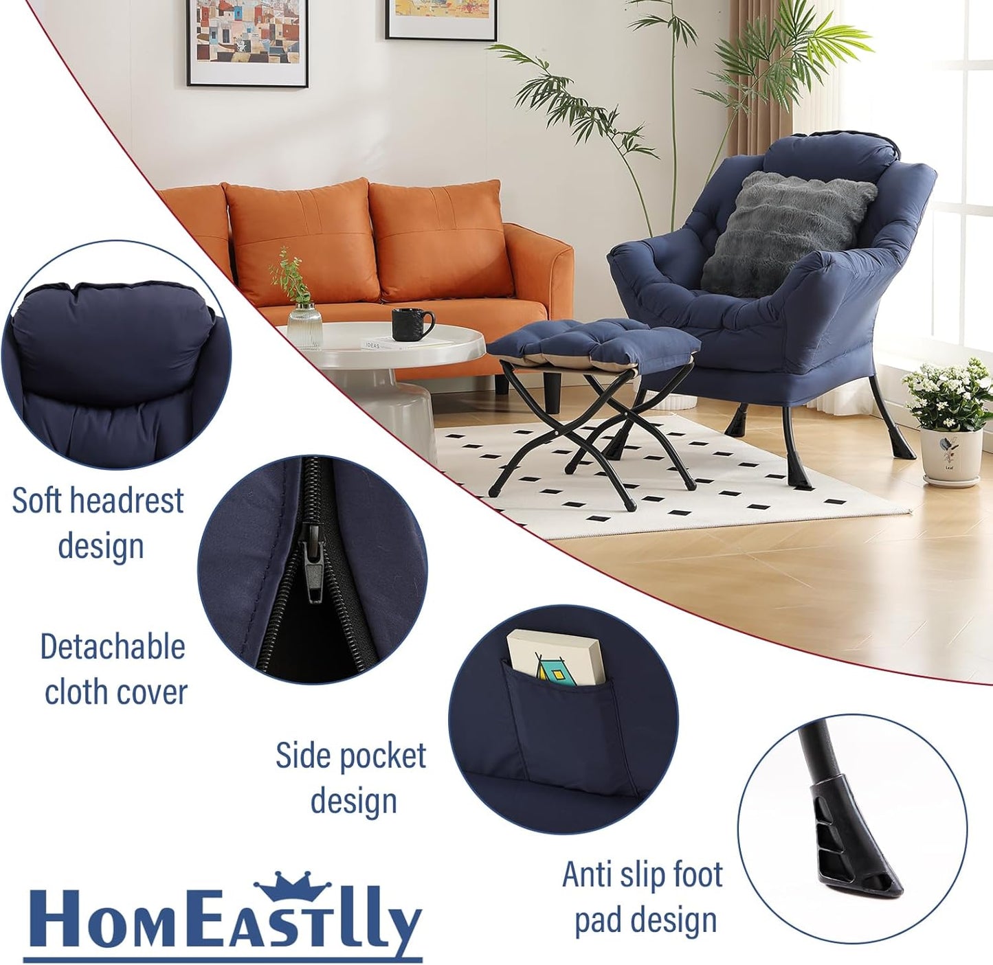 Large Lazy Chair with Ottoman, Accent Reading Chairs with a Throw Pillow, Cozy Lounge Chair with Armrest, Leisure Sofa Chairs for Living Room, Bedroom, Dorm, Navy Blue