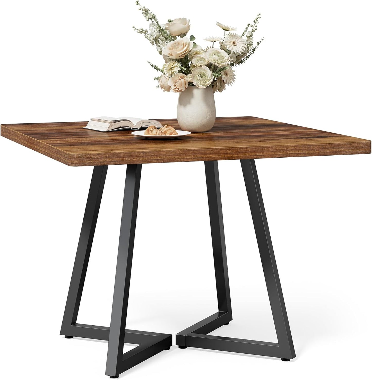 LITTLE TREE 31.5 Inches Small Dining Table for 4, Square Dinner Table for Small Space, Dining Room Tables, Rustic Brown Wooden Kitchen Table with Metal Legs, Modern Leisure Cafe Table for Apartment