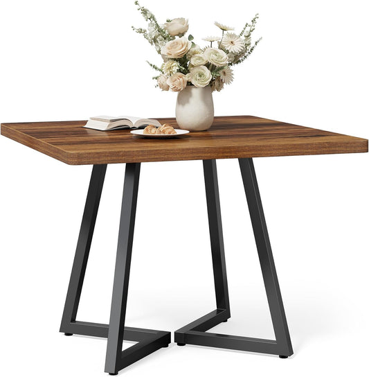 LITTLE TREE 31.5 Inches Small Dining Table for 4, Square Dinner Table for Small Space, Dining Room Tables, Rustic Brown Wooden Kitchen Table with Metal Legs, Modern Leisure Cafe Table for Apartment