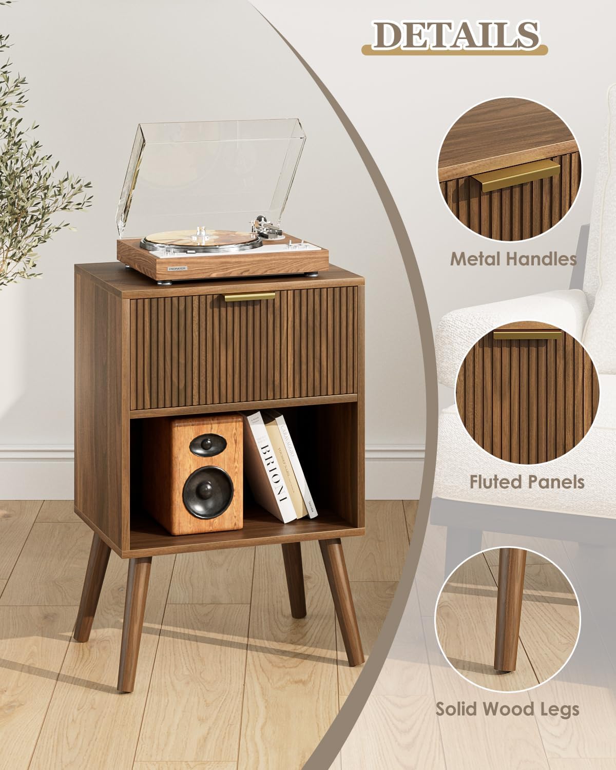 Nightstand, Small Side Table, Bedside Table with Drawer, Modern Night Stand, End Table for Bedroom, Living Room (Walnut Stripe)