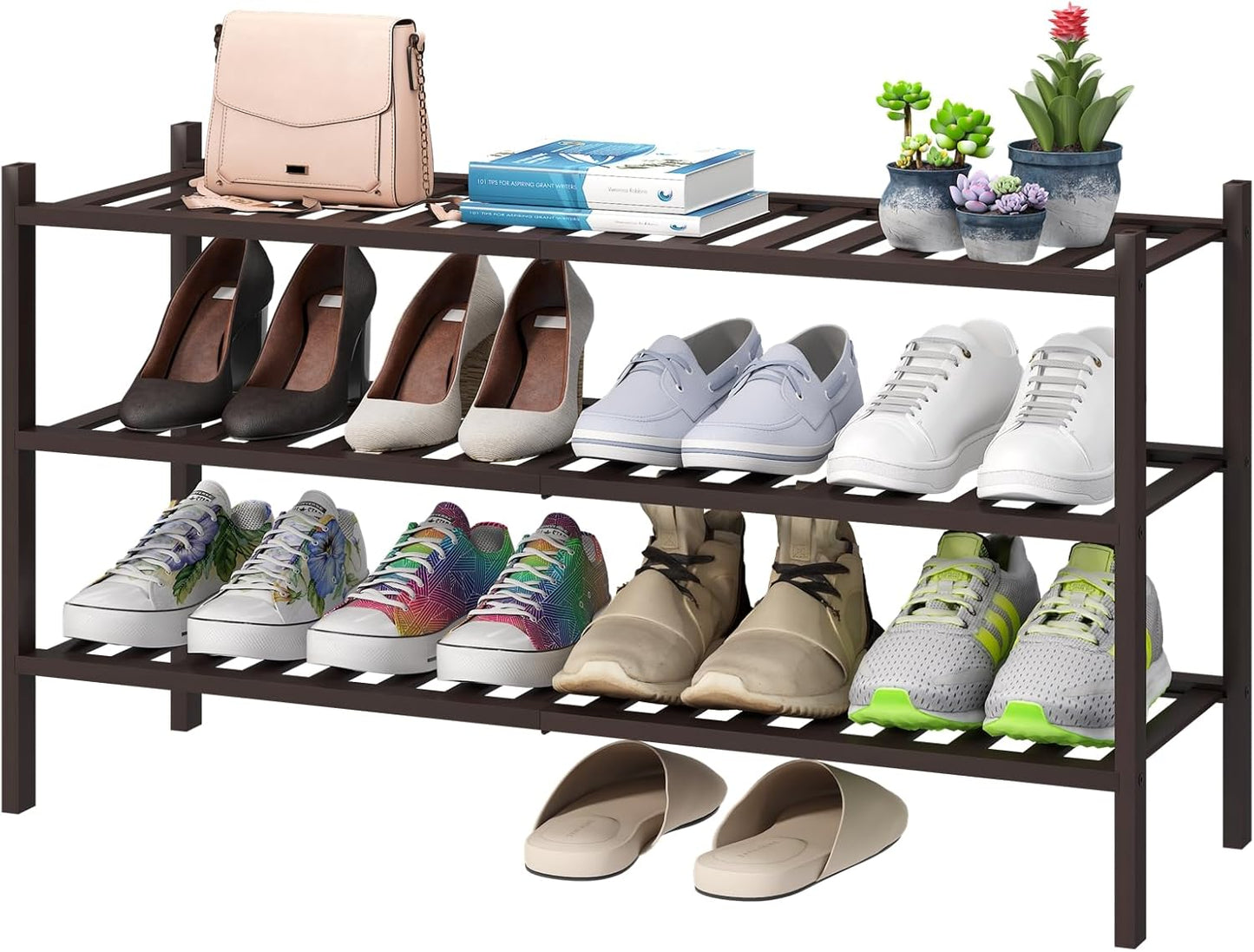 Long Shoe Rack, Bamboo Wood Shoe Rack for Closet, Entryway & Hallway, 3-Tier Stackable Shoe Shelf