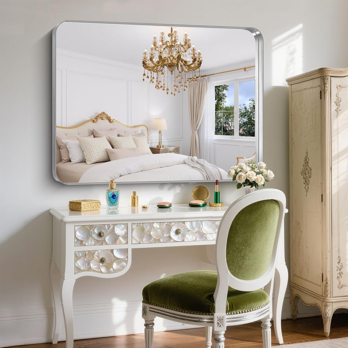 FORBATH 48x40 Inch Large Bathroom Mirror, Brushed Silver Deep Frame Wall Mirror with Rounded Corners, Anti-Rust Tempered Glass for Modern Farmhouse Vanity (Horizontal/Vertical)