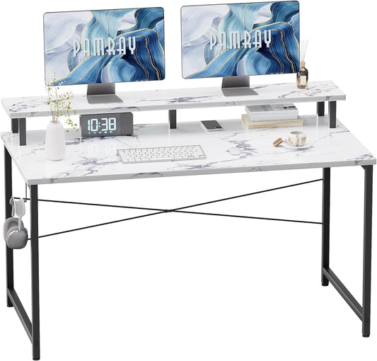 Pamray 47 Inch Small Computer Desk with Monitor Stand, Simple Office Desk with Headphone Hook for Small Spaces, Kids Study Writing Table for Bedroom, Marble