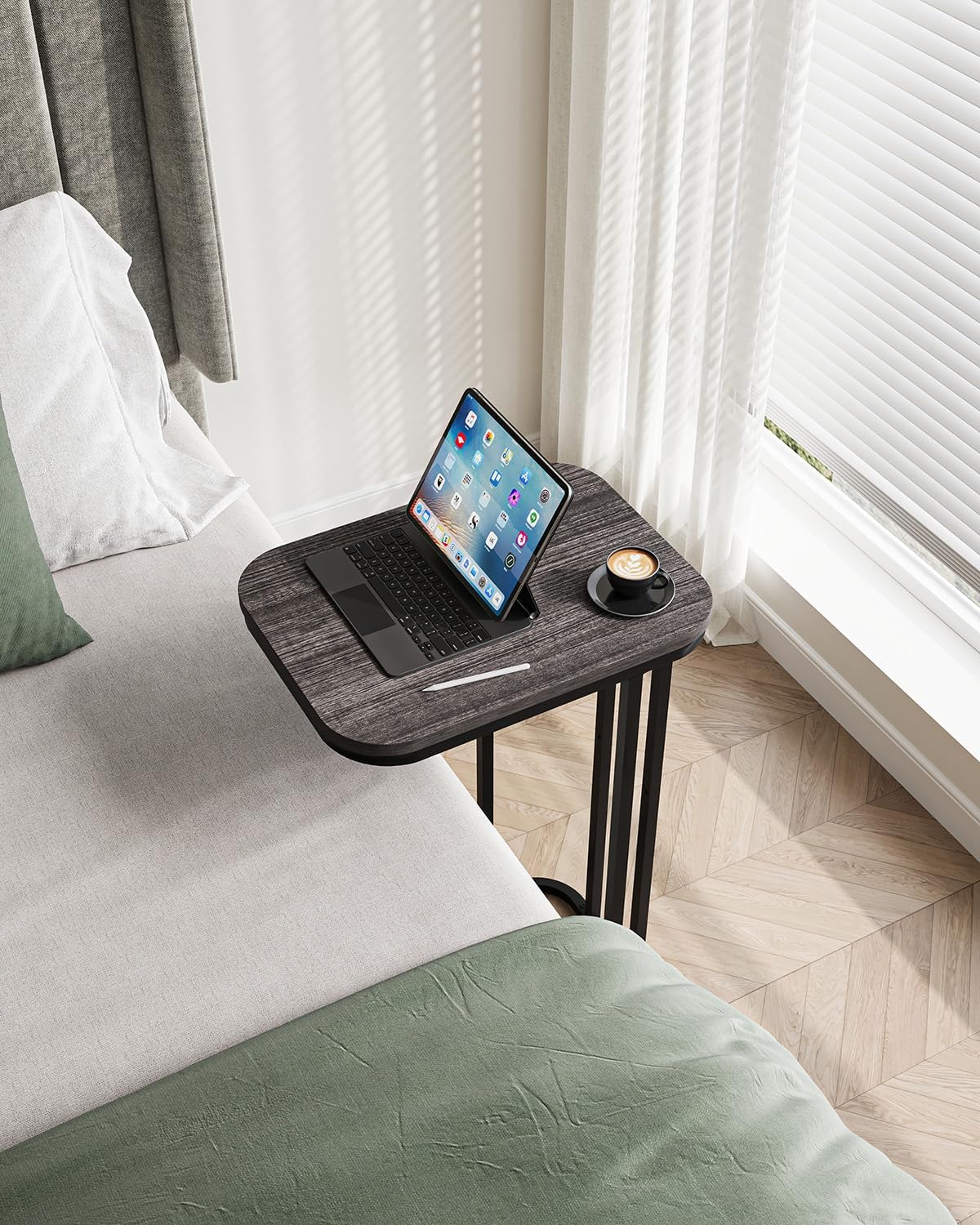 C Shaped End Table, 27 Inches High Small Side Table for Sofa and Bed, Couch Table That Slides Under, Tall Tv Tray Table for Living Room, Bedroom, Metal Frame, Black Oak