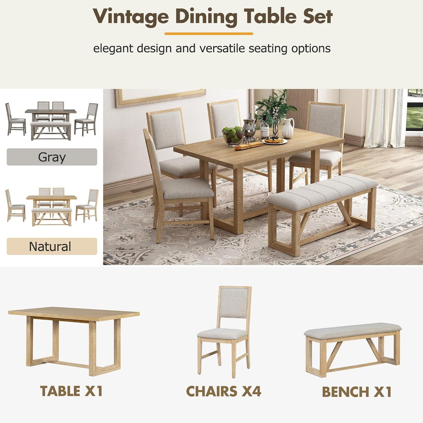 Ball & Cast 6-Piece Dining Table Set for 6 People, 60" Wood Dining Kitchen Table & Chairs Set, Dining Room Table with Upholstered Chairs and 1 Bench, Perfect for Dining Room, Kitchen,Natural