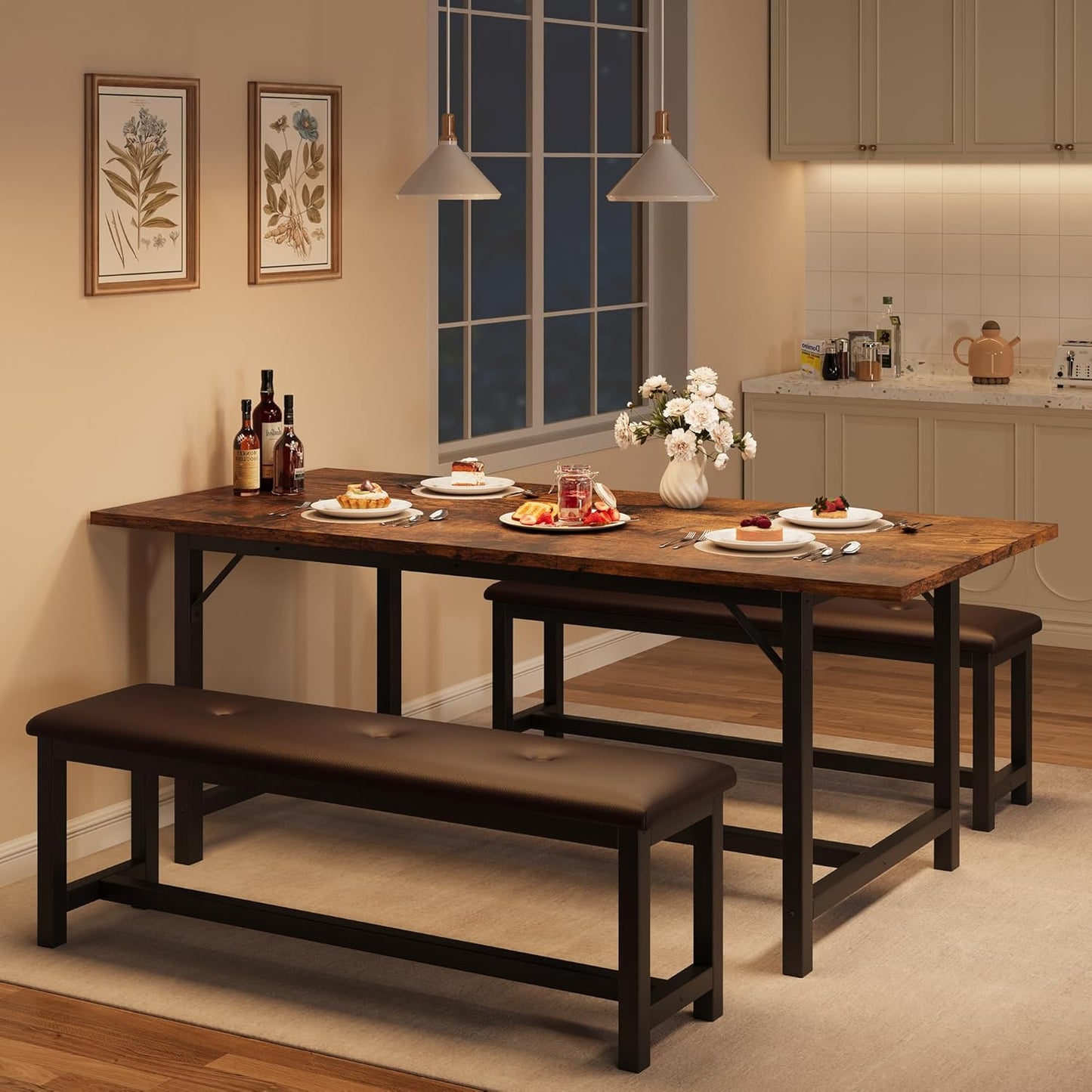 Dining Table Set for 4-6, 63“ Large Extendable Kitchen Table Set, Wood Rectangle Kitchen Table with 2 Soft Benches for Small Space, Apartment, Dinner,Saving Space, Retro Brown