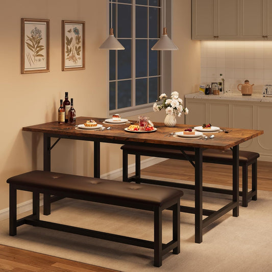 Dining Table Set for 4-6, 63“ Large Extendable Kitchen Table Set, Wood Rectangle Kitchen Table with 2 Soft Benches for Small Space, Apartment, Dinner,Saving Space, Retro Brown