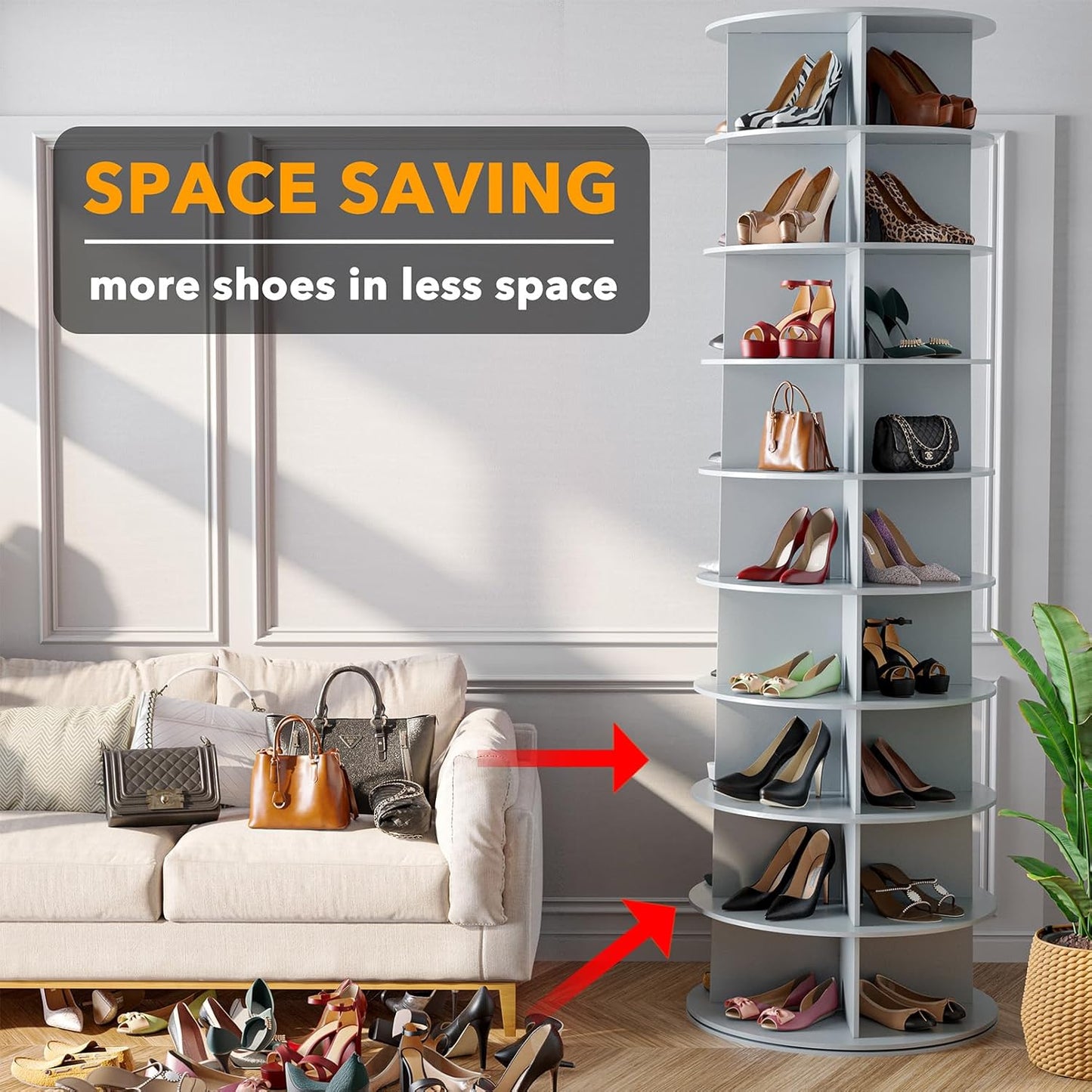 SpaceAid 9 Tier Rotating Shoe Rack Tower, Spinning Shoe Display Lazy Susan, Revolving 360 Shoe Rack Storage Round Carousel, Vertical Handbag Rotate Shoes Closet Organization (9-Tier Gray)