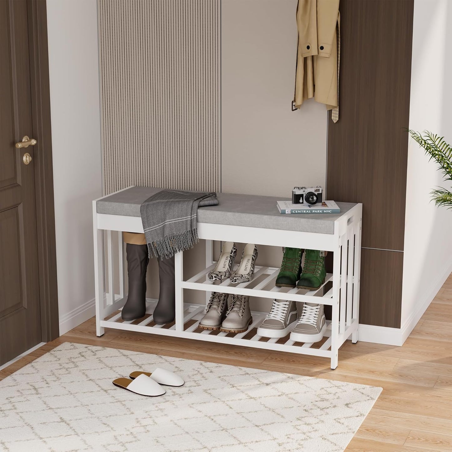 3-Tier Bamboo Shoe Rack Bench, Shoe Storage Organizer Bench, Entryway Benchs, Shoes Rack for Front Door Entrance, Entryway Bathroom Bedroom