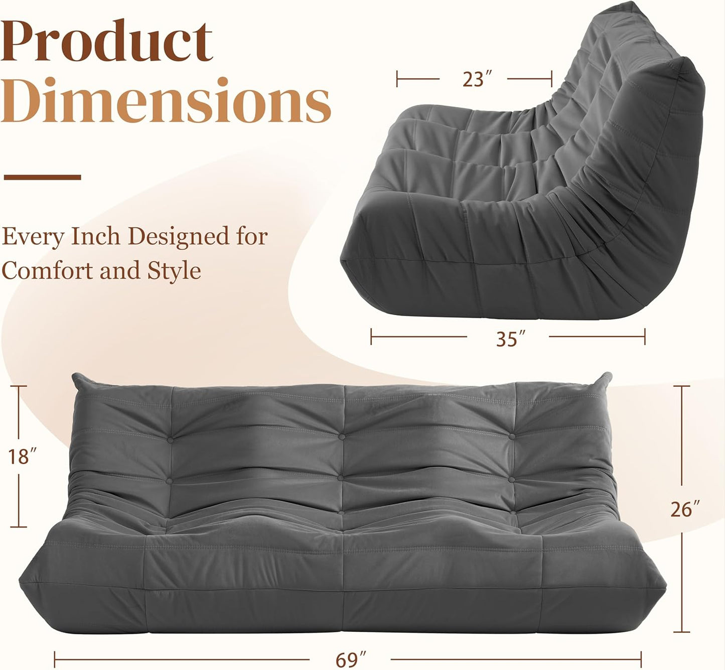 Bean Bag Chair, Large Fireside Chair Bean Bag Sofa for Adults, 3 Seater Bean Bag Chairs for Teens with High-Resilience Foam, Memory Foam Bean Bag for Living Room, Bedroom, Office (Suede, Dark Gray)