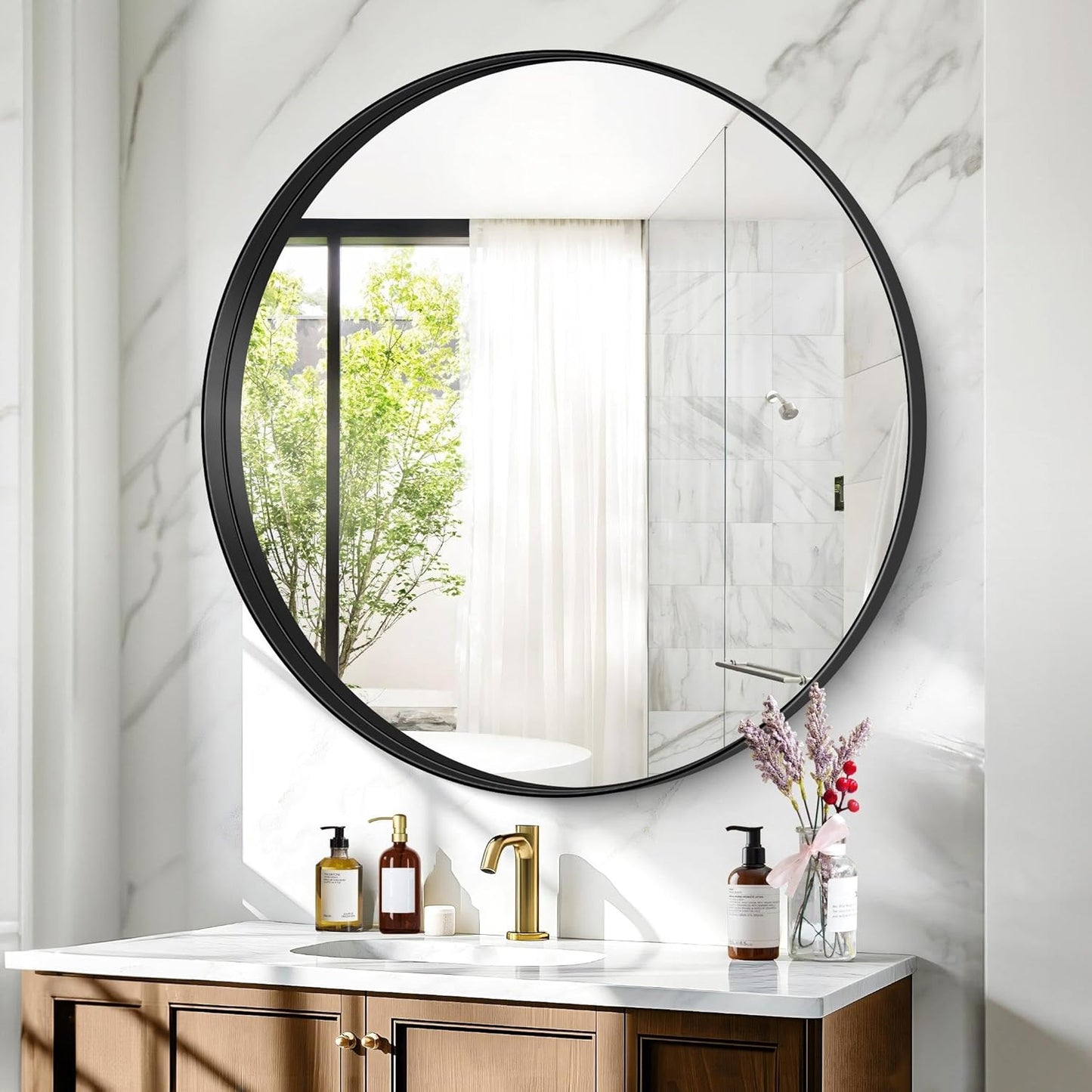 Black Round Mirror 39 inch Deep Frame Circle Mirror,Metal Frame Round Bathroom Mirror, Circle Mirrors for Wall Entryway Washroom Bedroom Living Room Hallway
