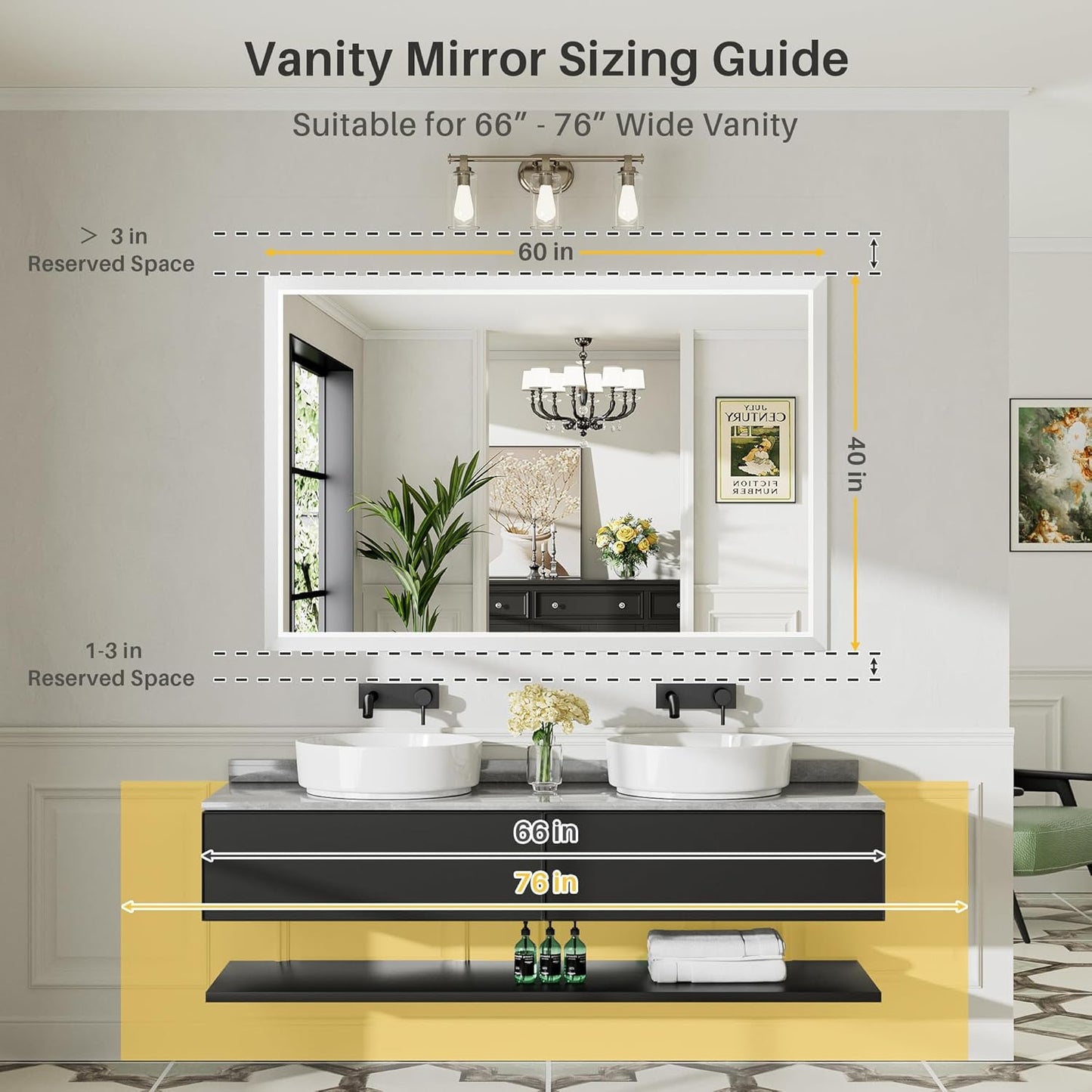 60x40 Inch White Bathroom Mirror for Wall, Thick Metal Framed Rectangle Mirrors for Over Sink, Bedroom, Living Room, Entryway, Anti-Rust, HD Tempered Glass