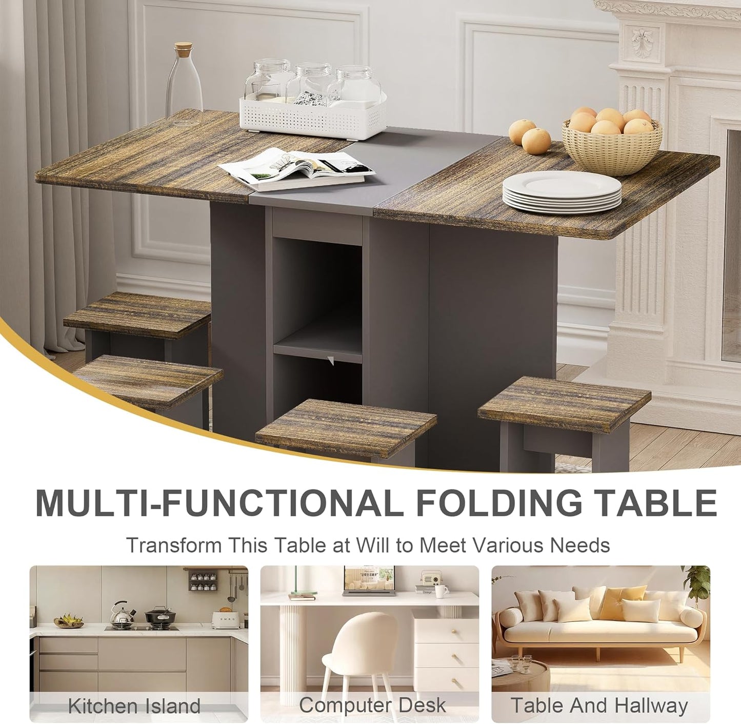 Ball & Cast 5 Pieces Folding Extendable Dining Table Set with 4 Chairs for 4 Peoples,55'' Drop Leaf Wood Kitchen Table Set w/Storage and 6 Wheels,Easy to Assemble,for Small Space,Brown+Gray