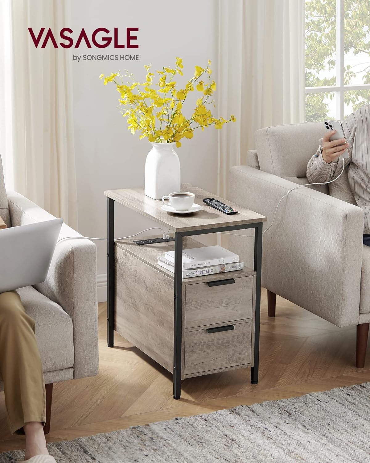 VASAGLE Side Table with Charging Station, Narrow End Table with 2 Drawers, Slim Nightstand and Bedside Table with Storage, for Small Spaces, Greige + Black