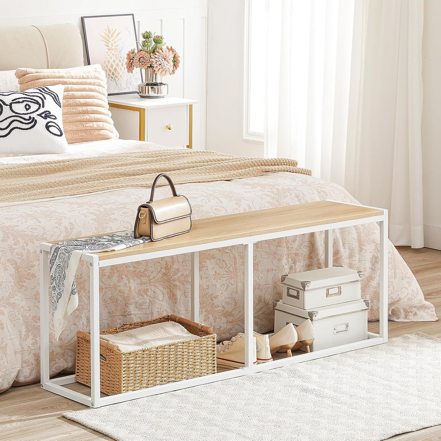 HOOBRO Dining Bench, 47.2 Inch Industrial Style Kitchen Table Bench, Steel Frame, Easy to Assemble, for Kitchen, Dining Room, White and Natural WN12CD01