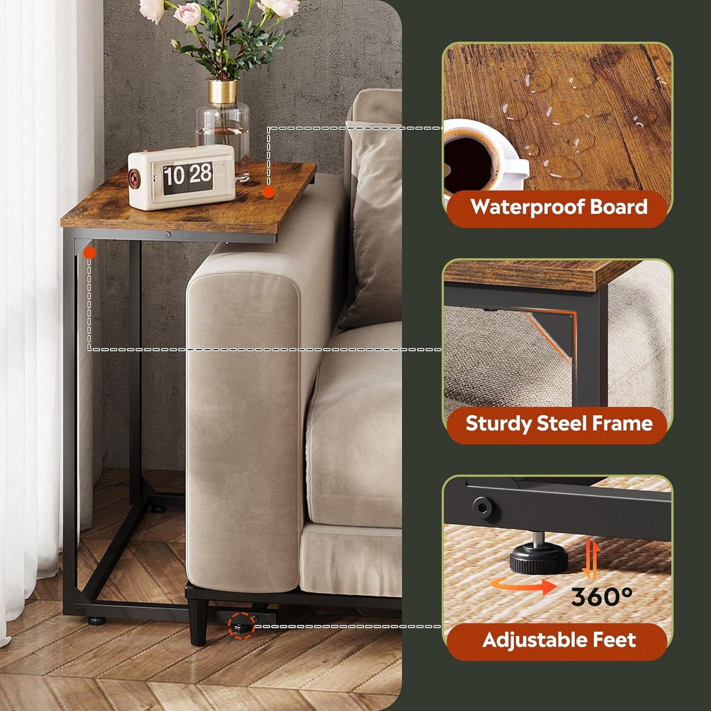 WLIVE C-Shaped End Table, Small Side Tables for Sofa, Wide Couch Table That Slide Under, Laptop Snack Table for Living Room, Bedroom, Home Office, Rustic Brown