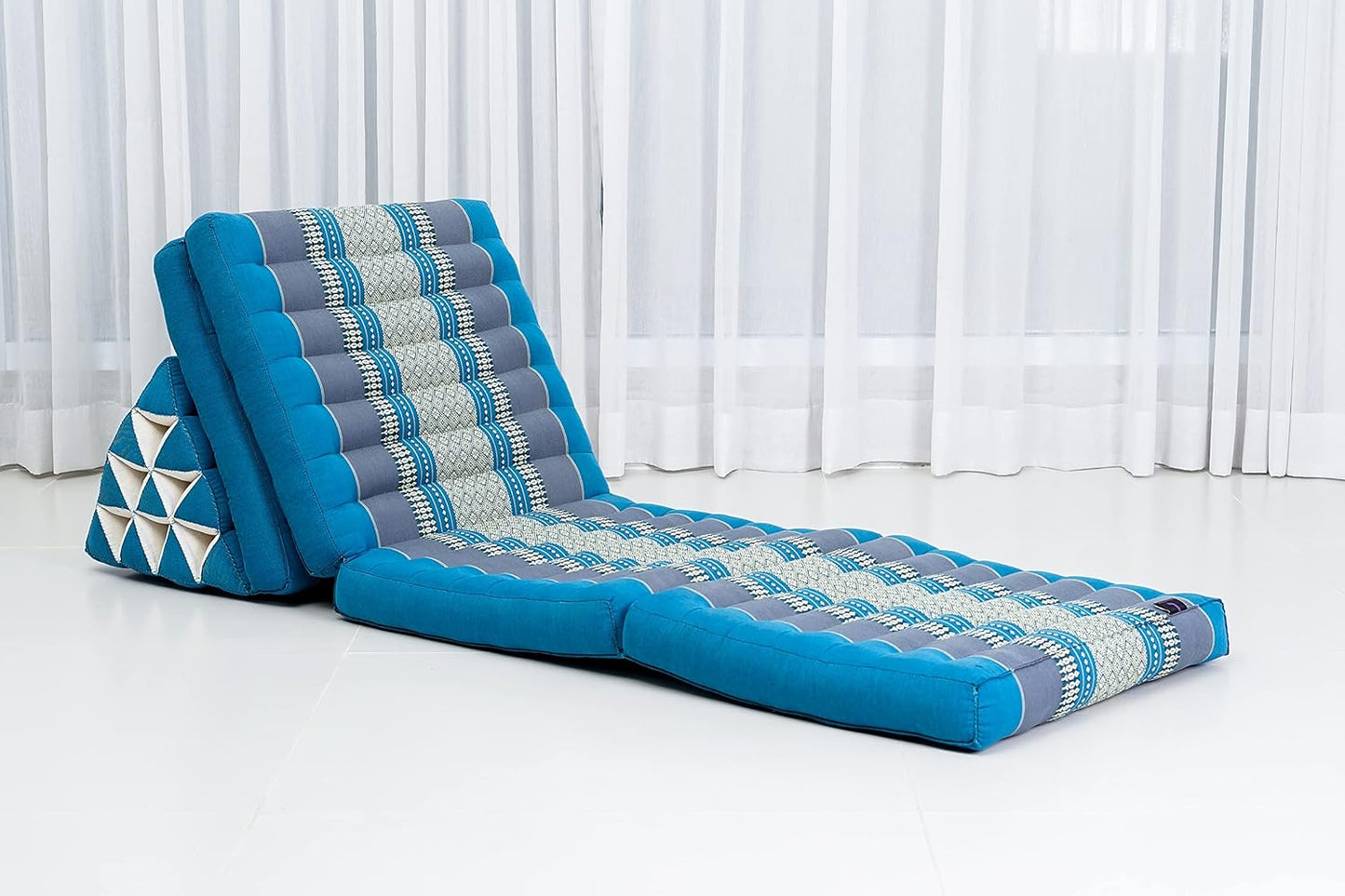 Leewadee Comfortable Japanese Floor Mattress - Thai Floor Bed with Triangle Cushion - Futon Mattress - XL Extra Long Thai Massage Mat, 89 x 20 inches, Light Blue, Kapok Filling