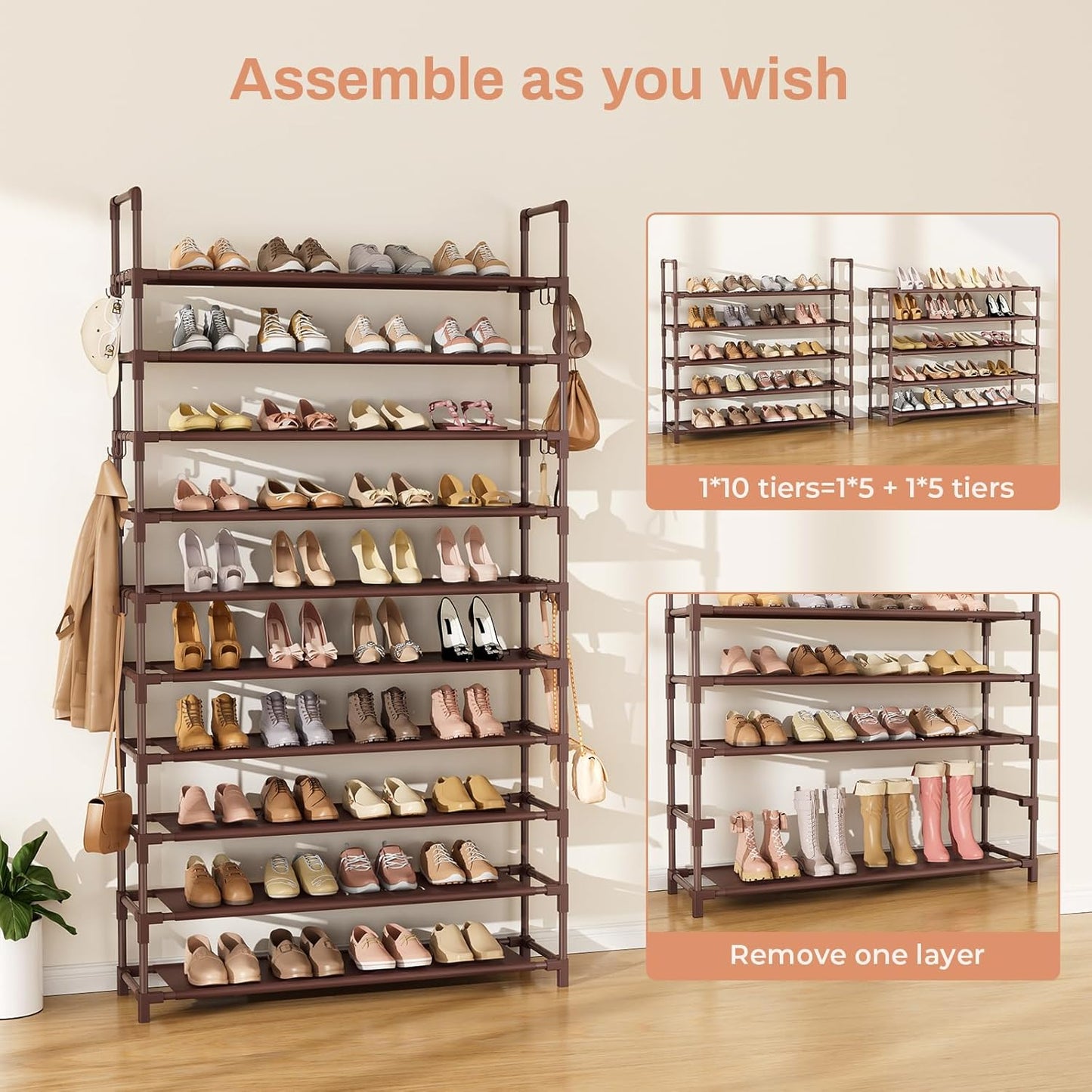 Tall Shoe Rack 10 Tier Shoe Organizer Large Shoe Shelf with 18 Hooks Storage for 50 Pair Sneaker and Boot, Stackable Vertical Shoe Rack Organizer for Closet, Entryway, Bedroom, Brown