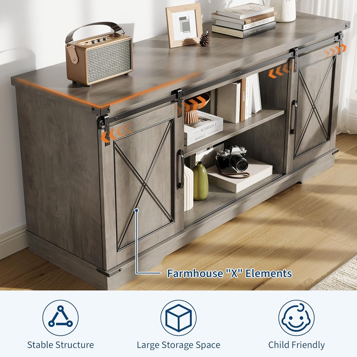 GarveeHome Farmhouse TV Stand for TV up to 65 Inches and Entertainment Center with Sliding Barn Doors and Adjustable Shelf, Tv Media Console Table with Storage Cabinet for Living Room, Bedroom, Grey