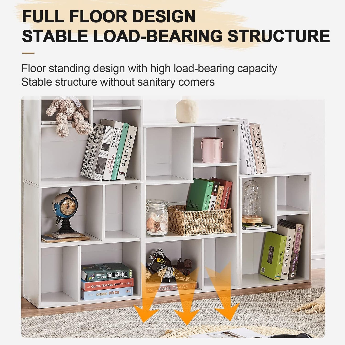 VECELO 42 Inch High Bookcase, 4-Tier Modern Storage Cabinet with Height Difference Shelves for Standard Textbooks, Floor Standing Display, 7 Cubes, Horizontal Avaiable, Easy Assembly, Pearl White