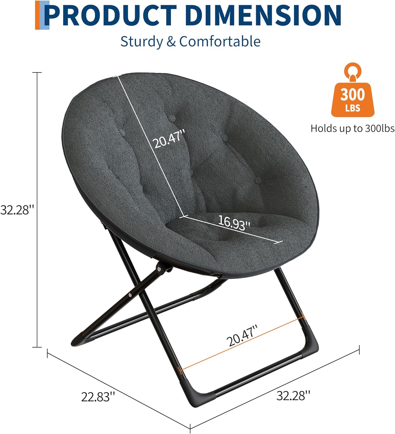 Saucer Chair, XL Foldable Lounge Chair for Bedroom/Dorm, Plush Comfy Seat with Non-Slip Base for Teens & Adults, Faux Fur Accent Chair, Gray