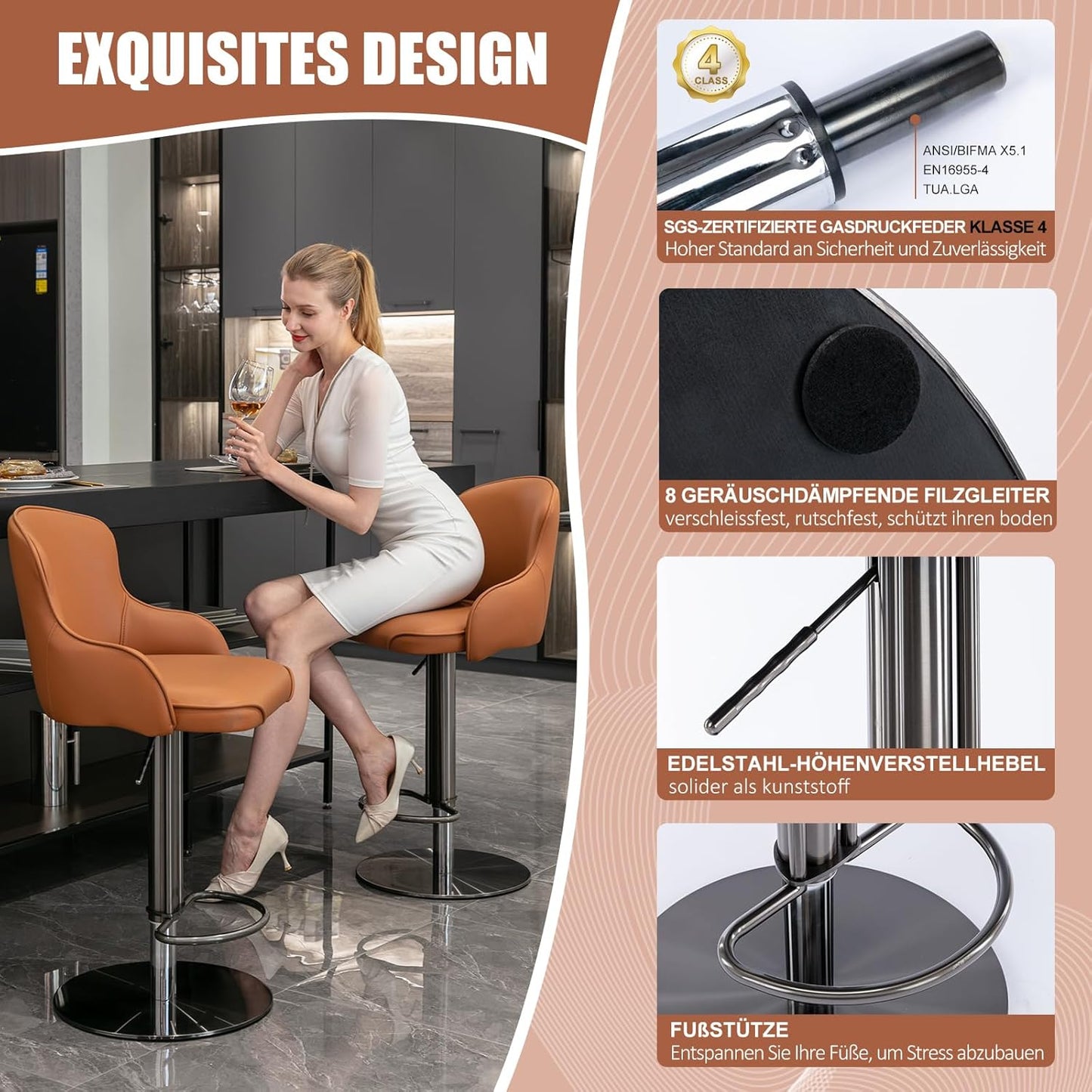 Black Titanium Stainless Steel Bar Stools,Grade Modern Leather Bar Chair with Backrest,Swivel Adjustable Height for Kitchen Counter and Dining Room (Brown Leather-1pc)