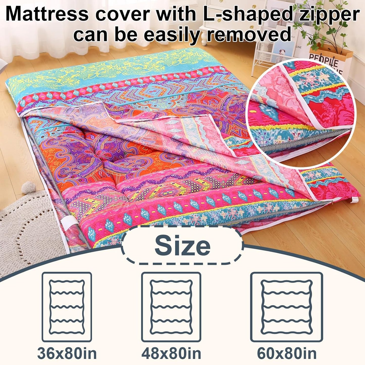 Bohemian Retro Japanese Floor Mattress, Vintage Floral Tatami Floor Mat, Portable Roll up Futon Mattress for Guest,Tavel (D,Twin 80" x 36")