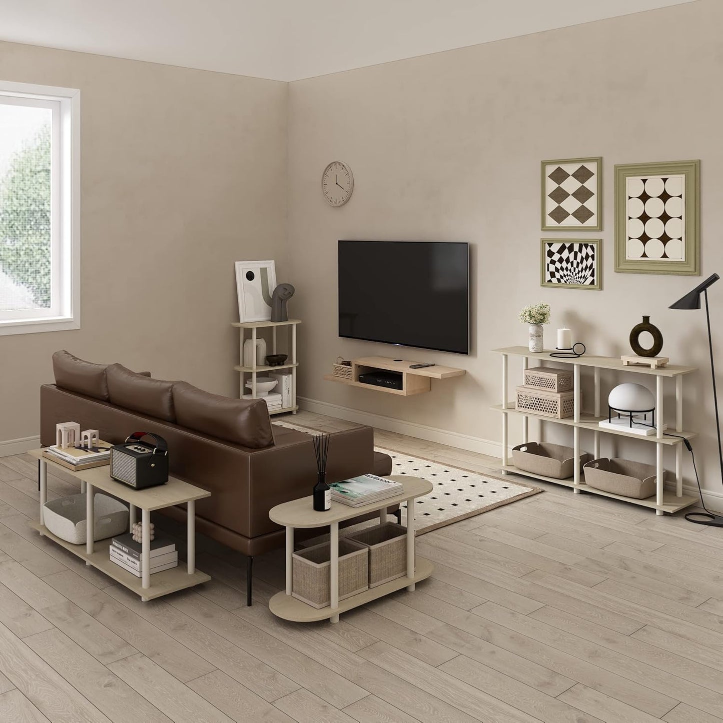 Furinno Turn-N-Tube No Tools 3-Tier Modern Oval Side Display Rack, Bauhaus Oak/Beige